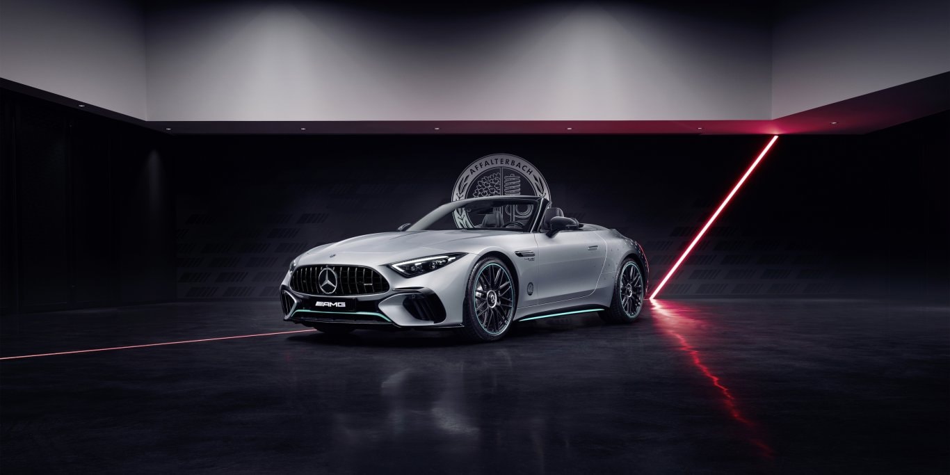 Mercedes-AMG SL 63 roadster in silver in a dark studio, a model available in Brunei by special order only